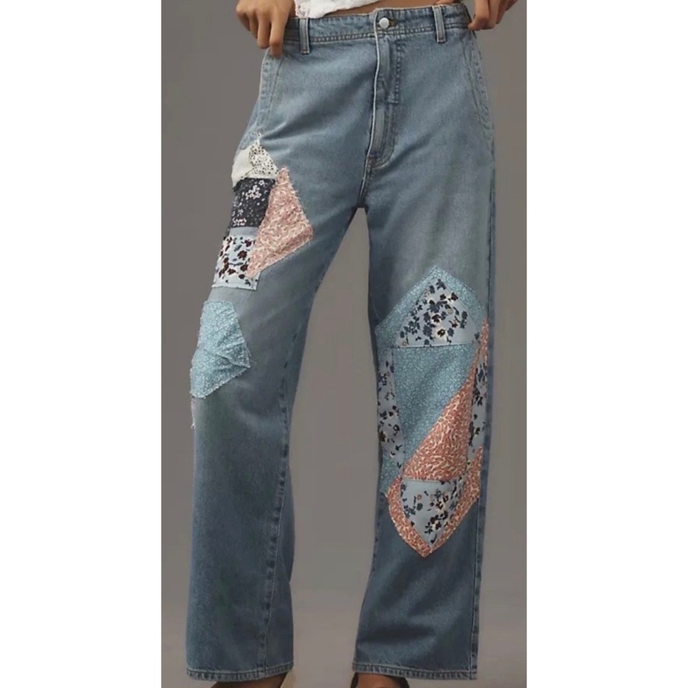 Pilcro Lonnie Cuffed High-Rise Baggy Straight Leg Jeans Anthropologie Patchwork